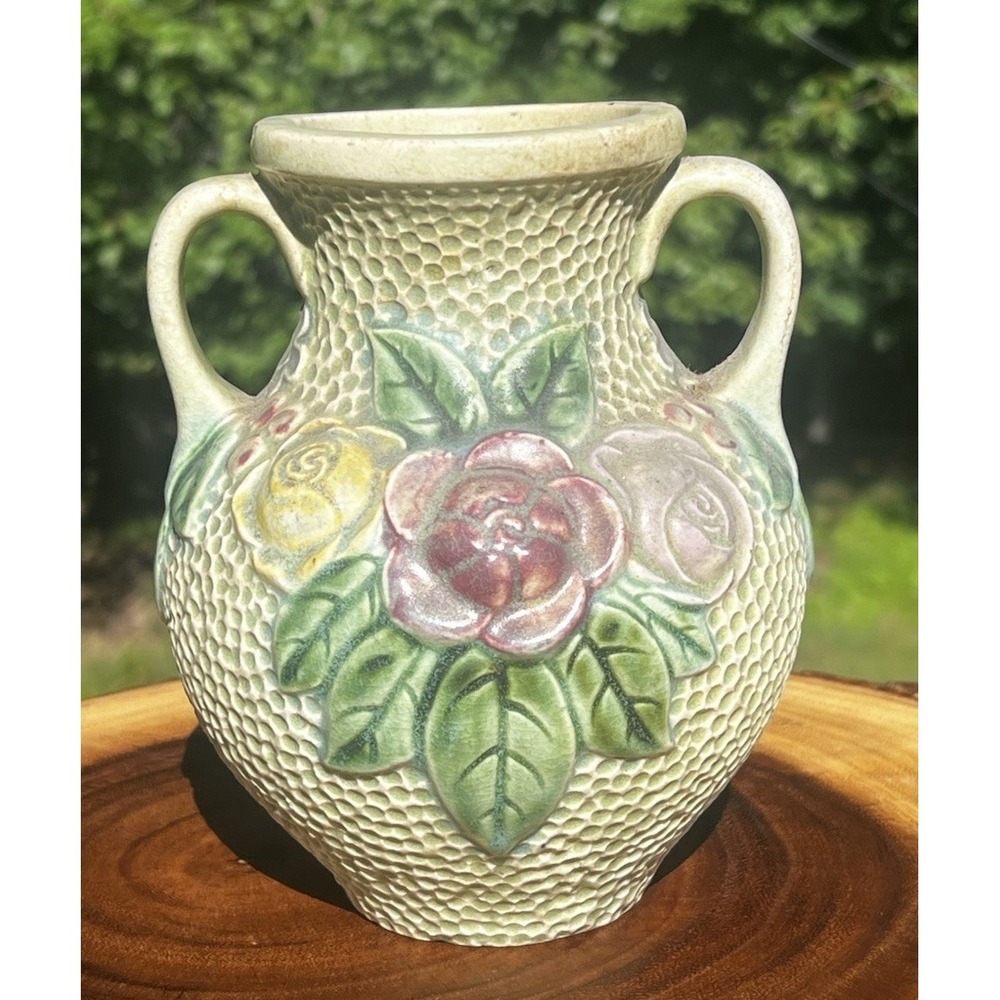 Antique Roseville Rozane Double Handle Roses Floral Art Pottery Vase 6.5"